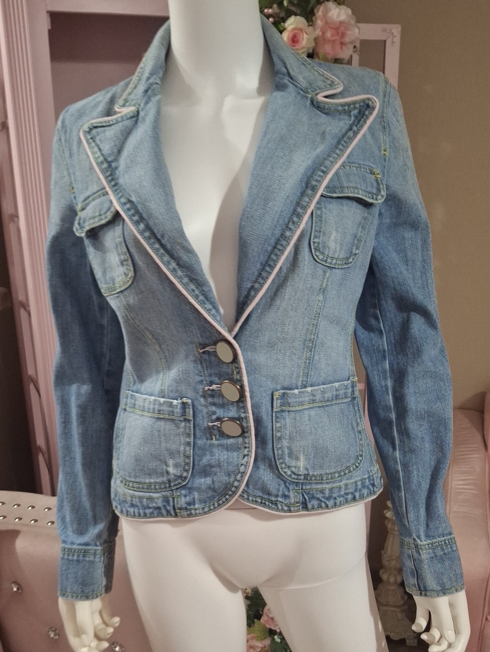 Carol's Denims Tailored Jean Jacket with Pink Piping - Like New Size S